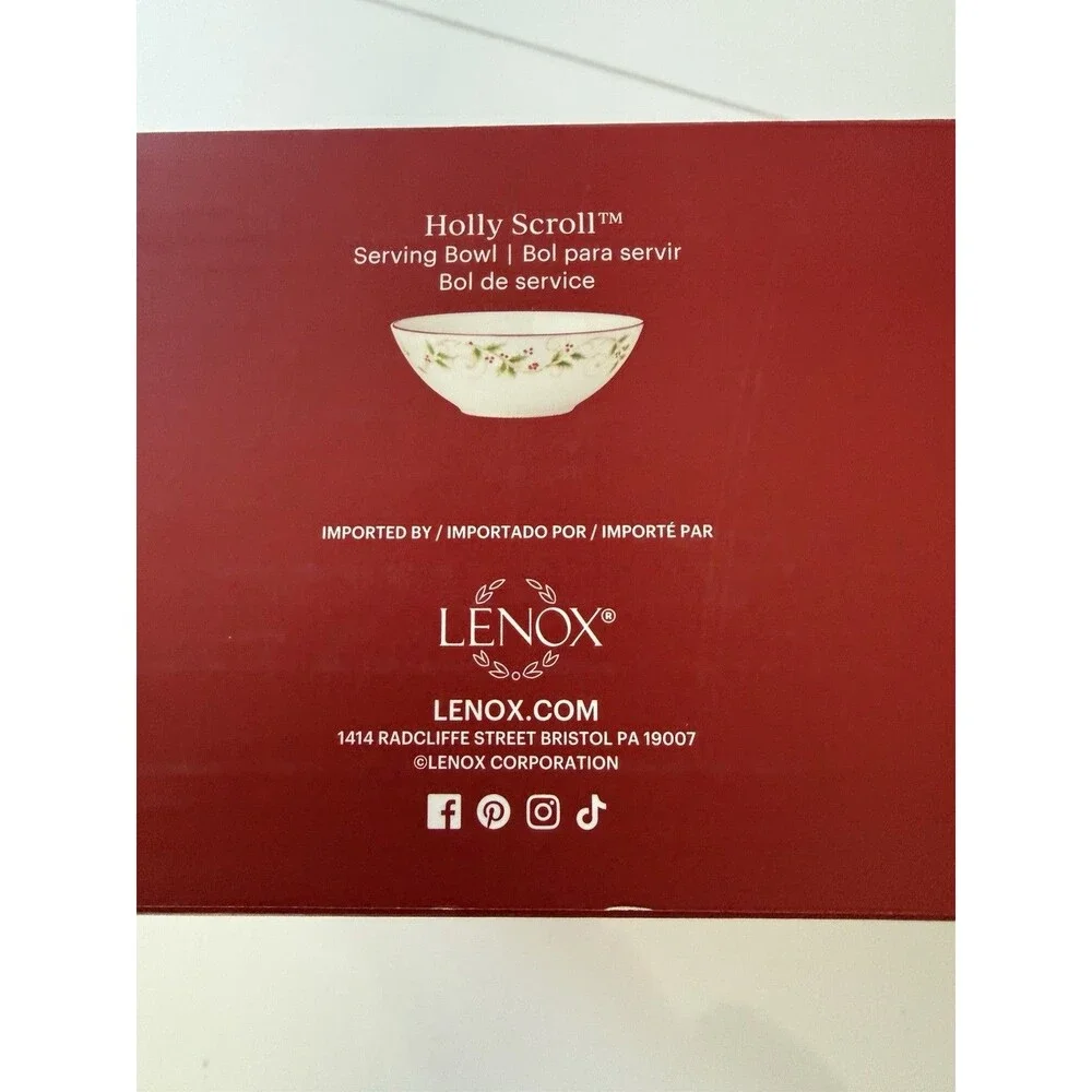 LENOX Holly Scroll Holiday Serving Bowl~Size: 2.25 qt~NEW~10 inch diameter~